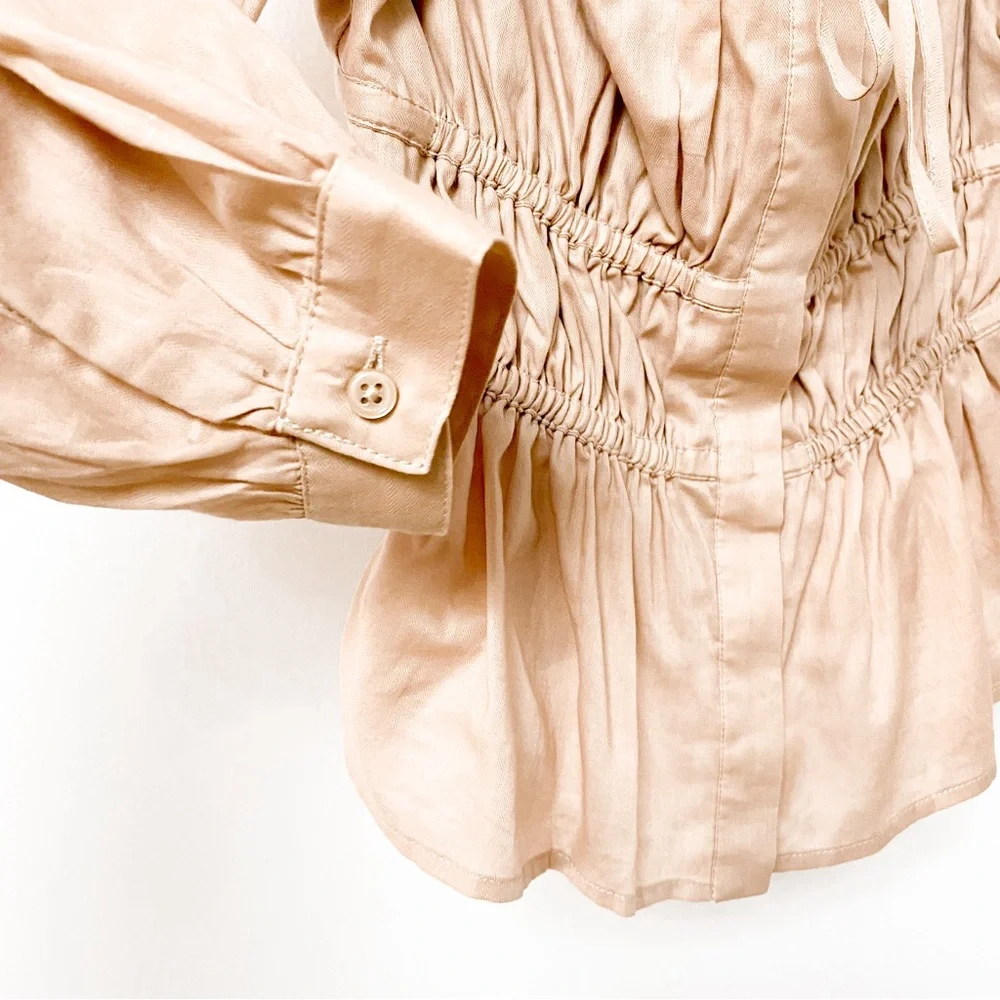 J. Crew Spring Chic Cinched Waist Top in Herringbone Cotton in Almond Biscotti‎
